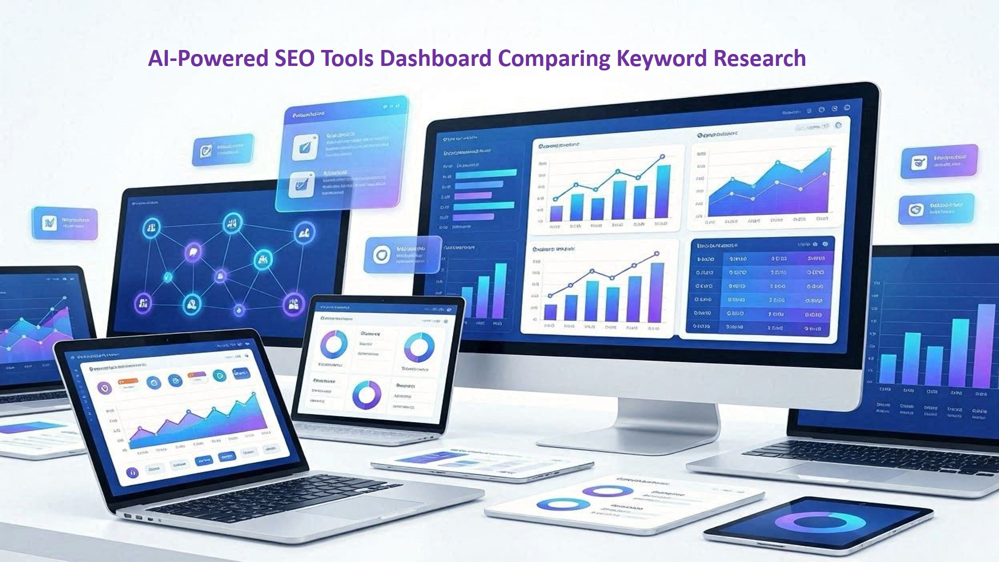 AI-powered SEO tools dashboard comparing keyword research, backlink analysis, content optimization, and website audit software in 2026.